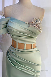 Off-the-Shoulder Mermaid Semi Formal Prom Dresses in Dusty Sage with Beads